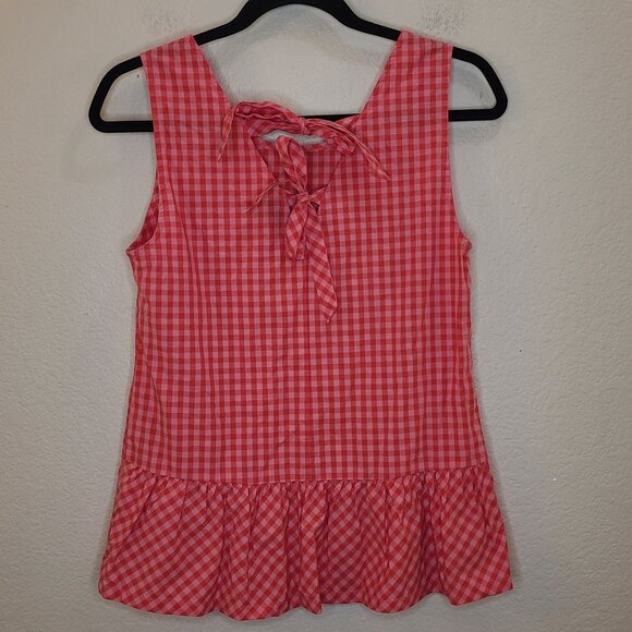 J.Crew Top Womens XS Coral Orange Gingham Sleeveless Cotton Ruffle Bow Tie Back - Picture 7 of 16